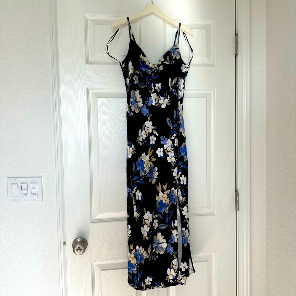 Women’s Midi Dress Black Blue Floral With Slit and Drape Neck